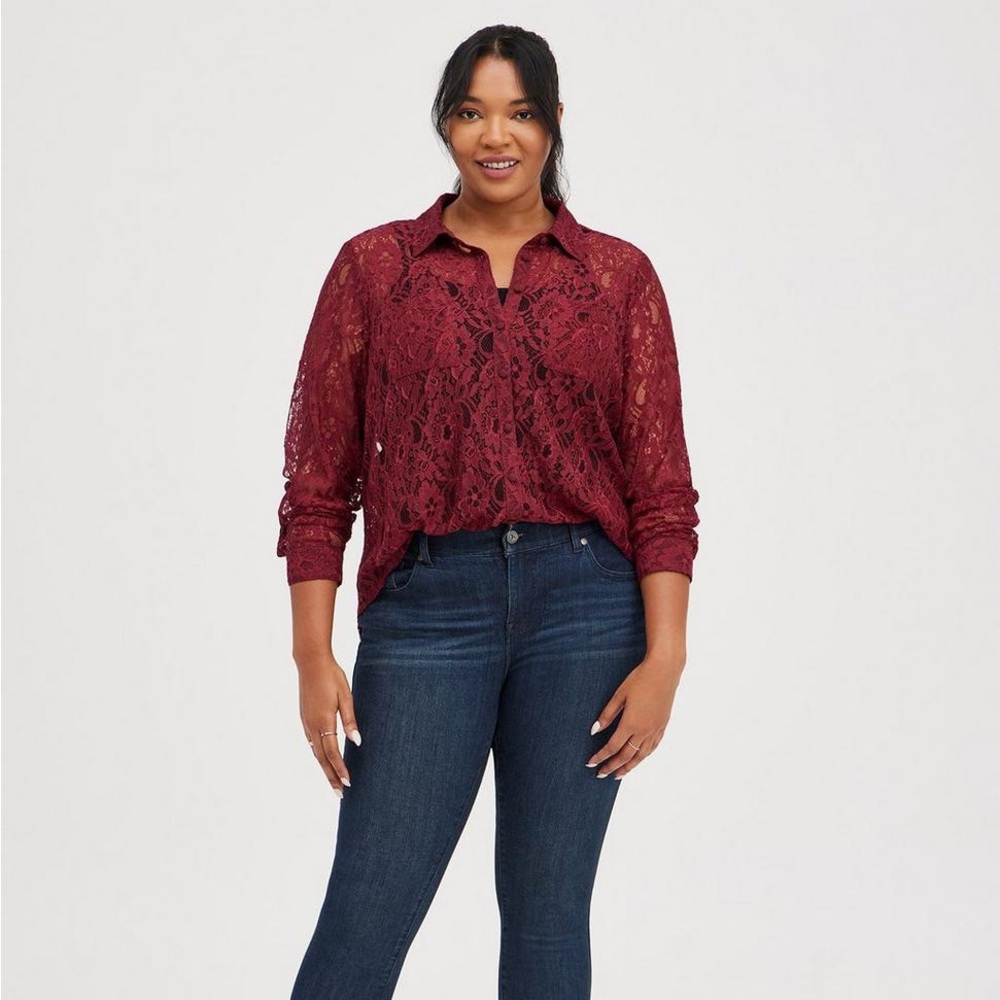🌹TORRID • “Lovely Madison” Lace Button Down Maroon Long Sleeve Shirt